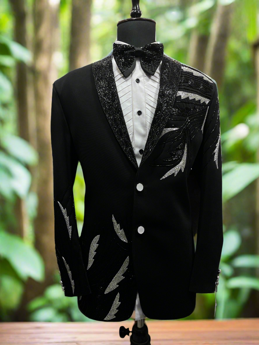 Men's Black Handcrafted Tuxedo with Cut Dana Work and Shawl Lapel
