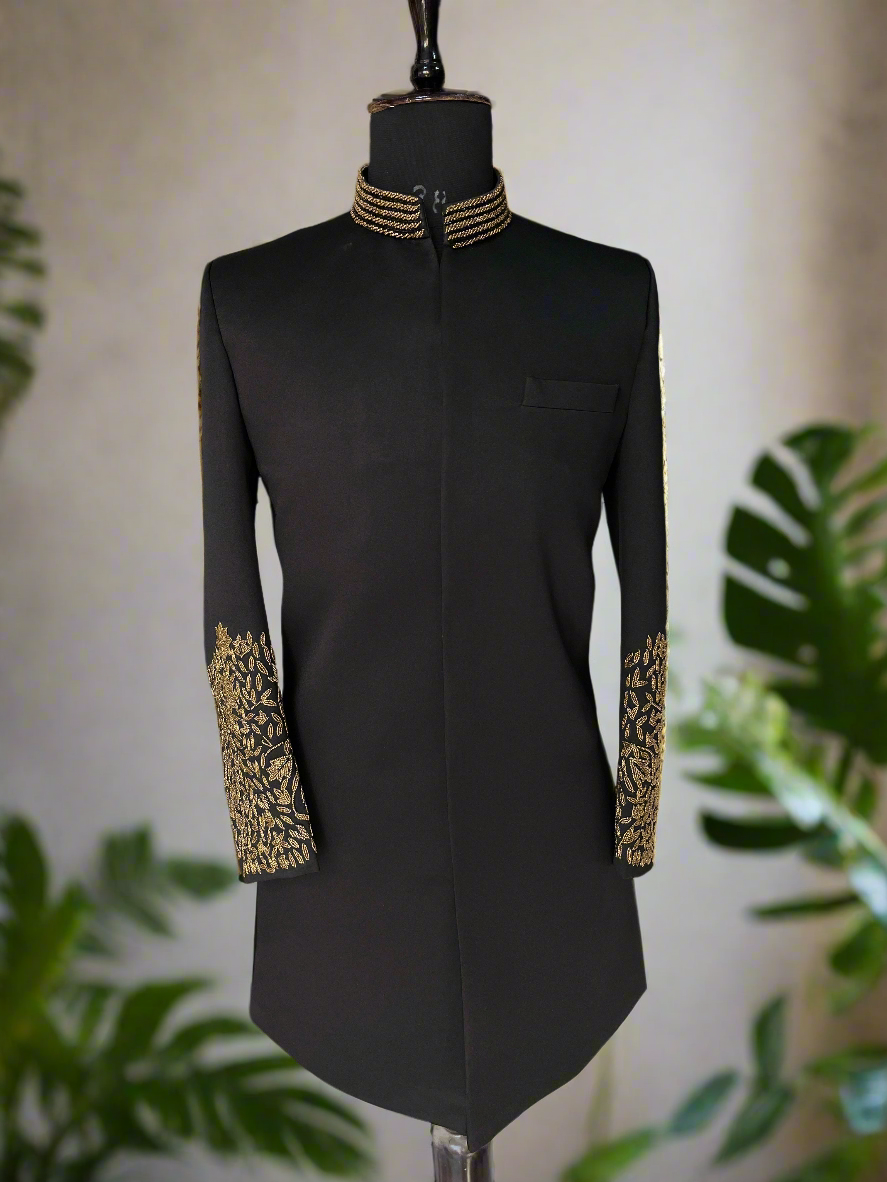 Men’s Black Indo-Western Set with Golden Cut Work by KPH Outfits.