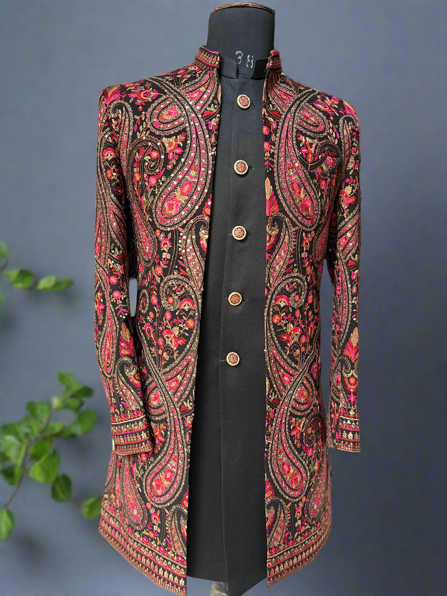 Men's Black Kalamkari Embellished Indo-Western Set - front view.
