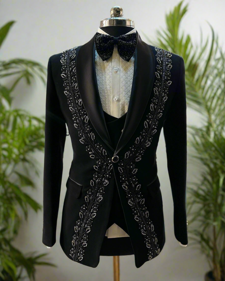 Men's Black Stylish Embroidered Tuxedo Suit
