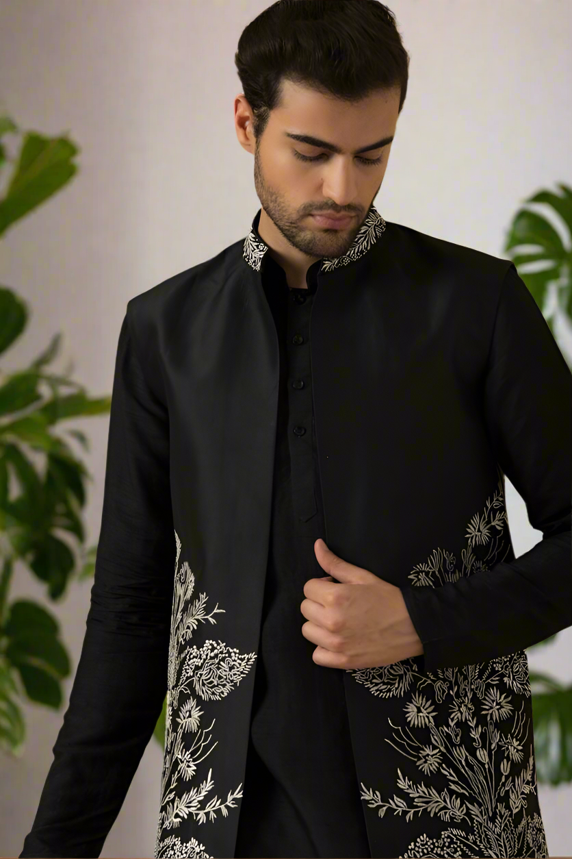 Men's Black Thread Embellished Long Jacket Set - Close Up of Embroidery
