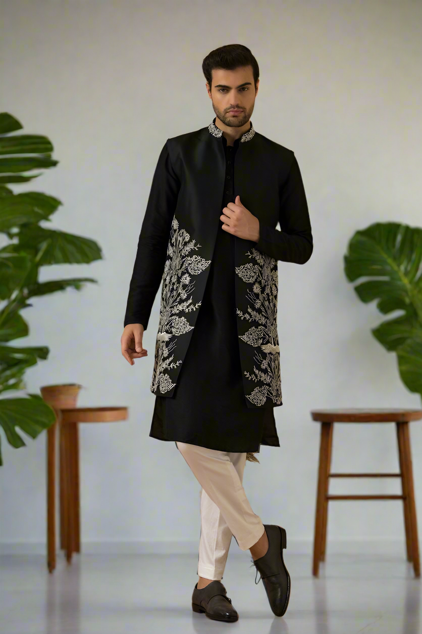 Men's Black Thread Embellished Long Jacket Set - Front View
