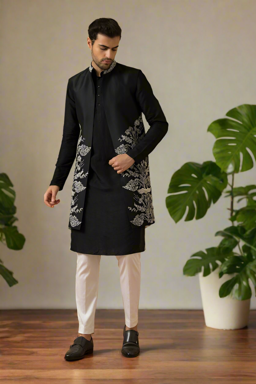 Men's Black Thread Embellished Long Jacket Set - Full Body Shot
