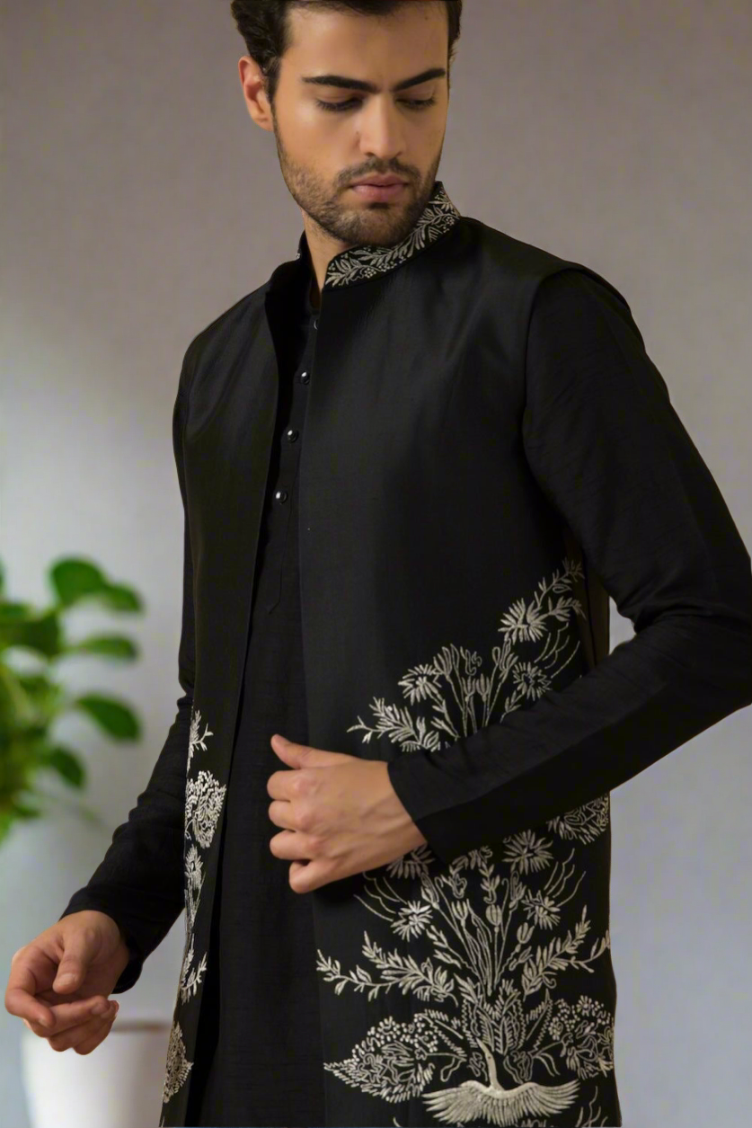 Men's Black Thread Embellished Long Jacket Set - On Model
