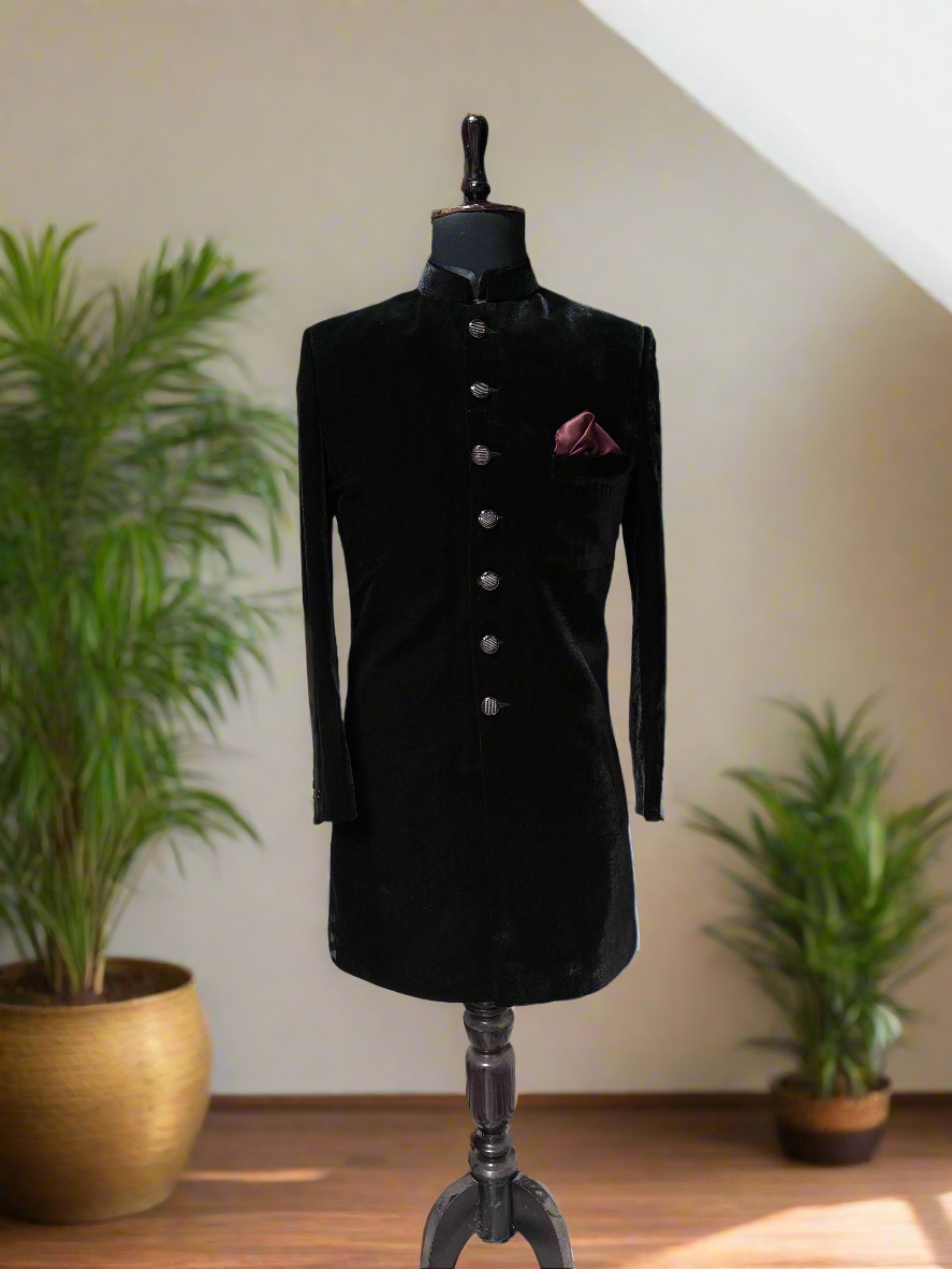 Men's Black Velvet Celebrity Inspired Indo-Western Set