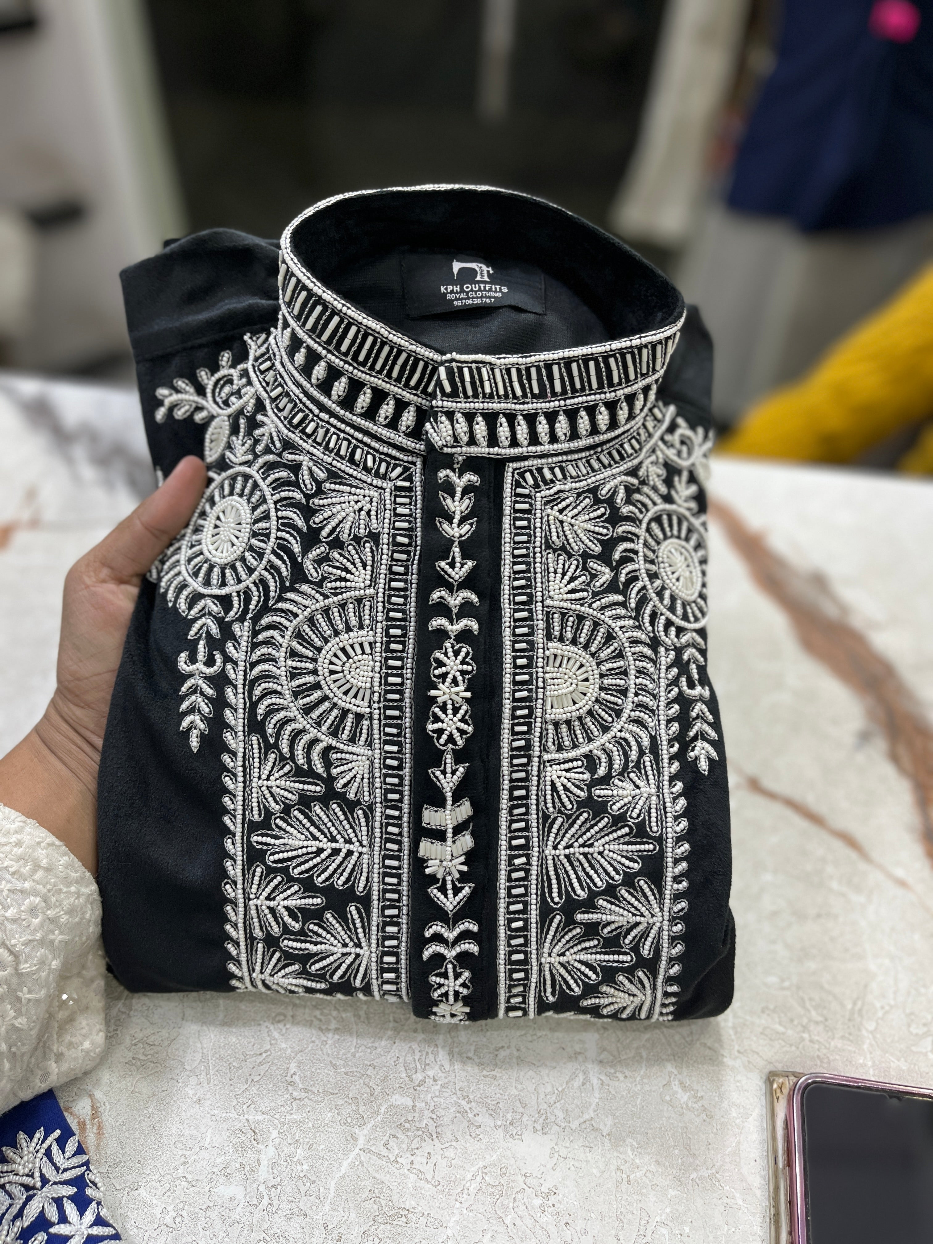 Men's Black Velvet Handcrafted Kurta Set with Beads Work.
