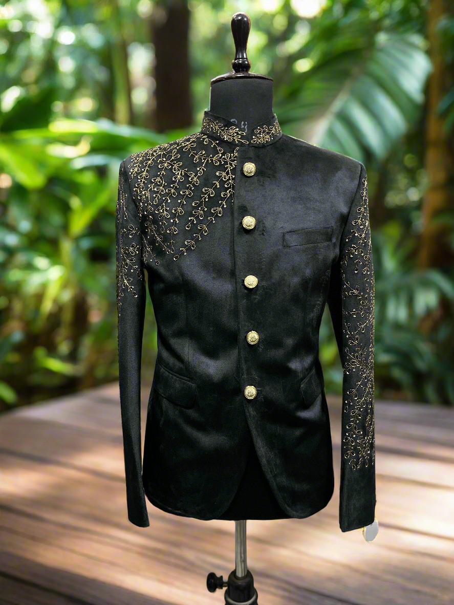 Men's Black Velvet Jodhpuri Set with Golden Dana Work
