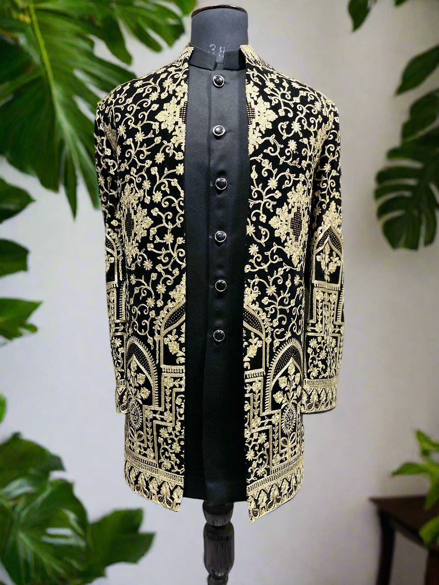 Men's Black Velvet Open Indo-Western Set – Full Outfit
