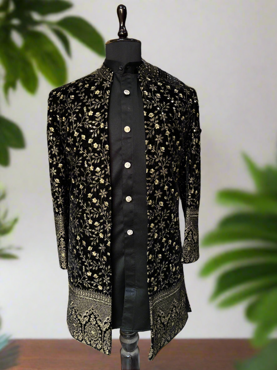 Men's Black Velvet Open Indo Western Set for Weddings
