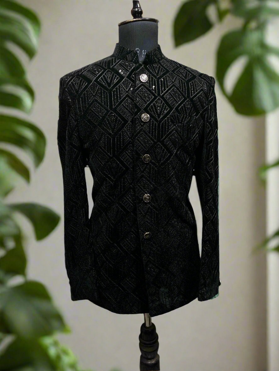 Men's Black Velvet Self-Pattern Jodhpuri Set