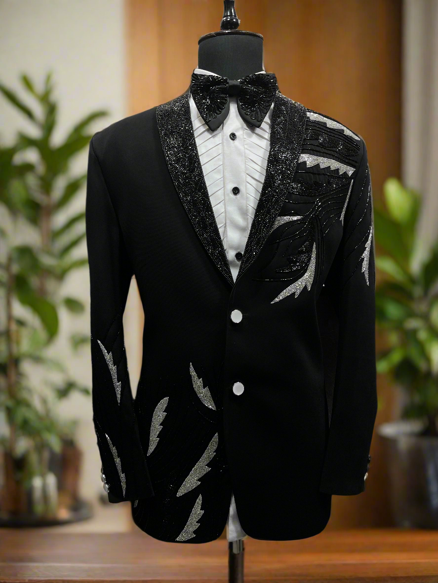 Men's Black Velvet Shawl Lapel Tuxedo Suit with Rose Detail - KPH Outfits