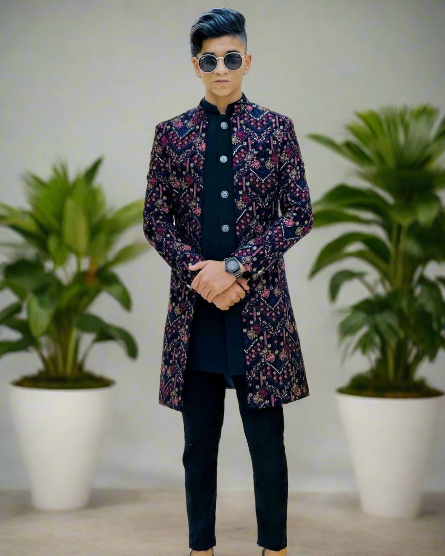 Men’s Black Zigzag Embroidery Indo-Western Set - Front View
