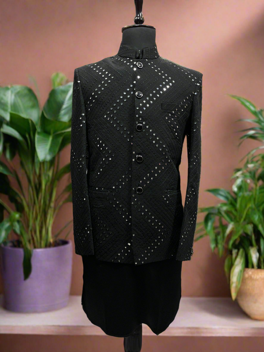 Men's Black Zigzag Mirror Pattern Jodhpuri Set - Front View
