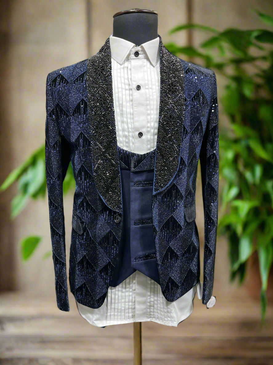 Men's Blue Handcrafted Shawl Lapel Tuxedo front view.
