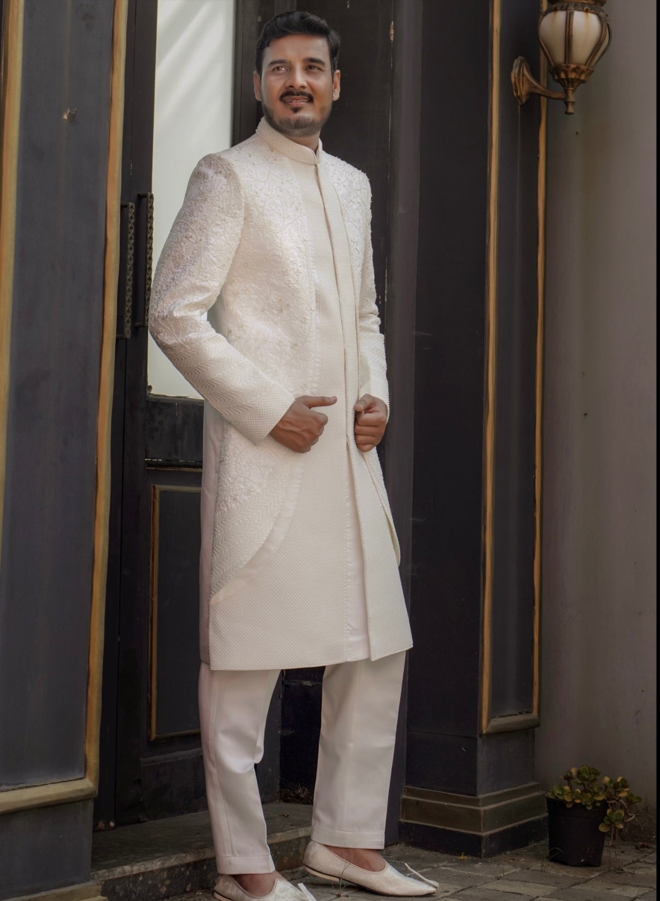 Men's Exclusive Ivory Handcrafted Two-Layer Achkan Set