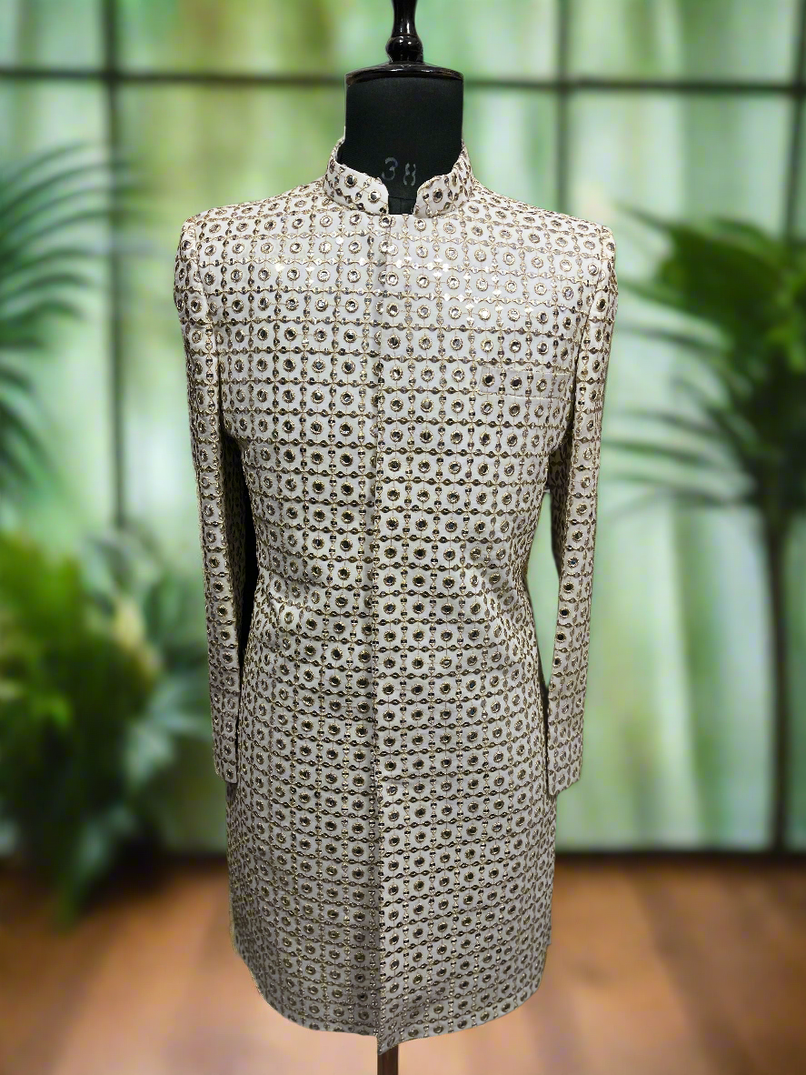 Men's Golden Exclusive Designer Mirror Sherwani Set front view
