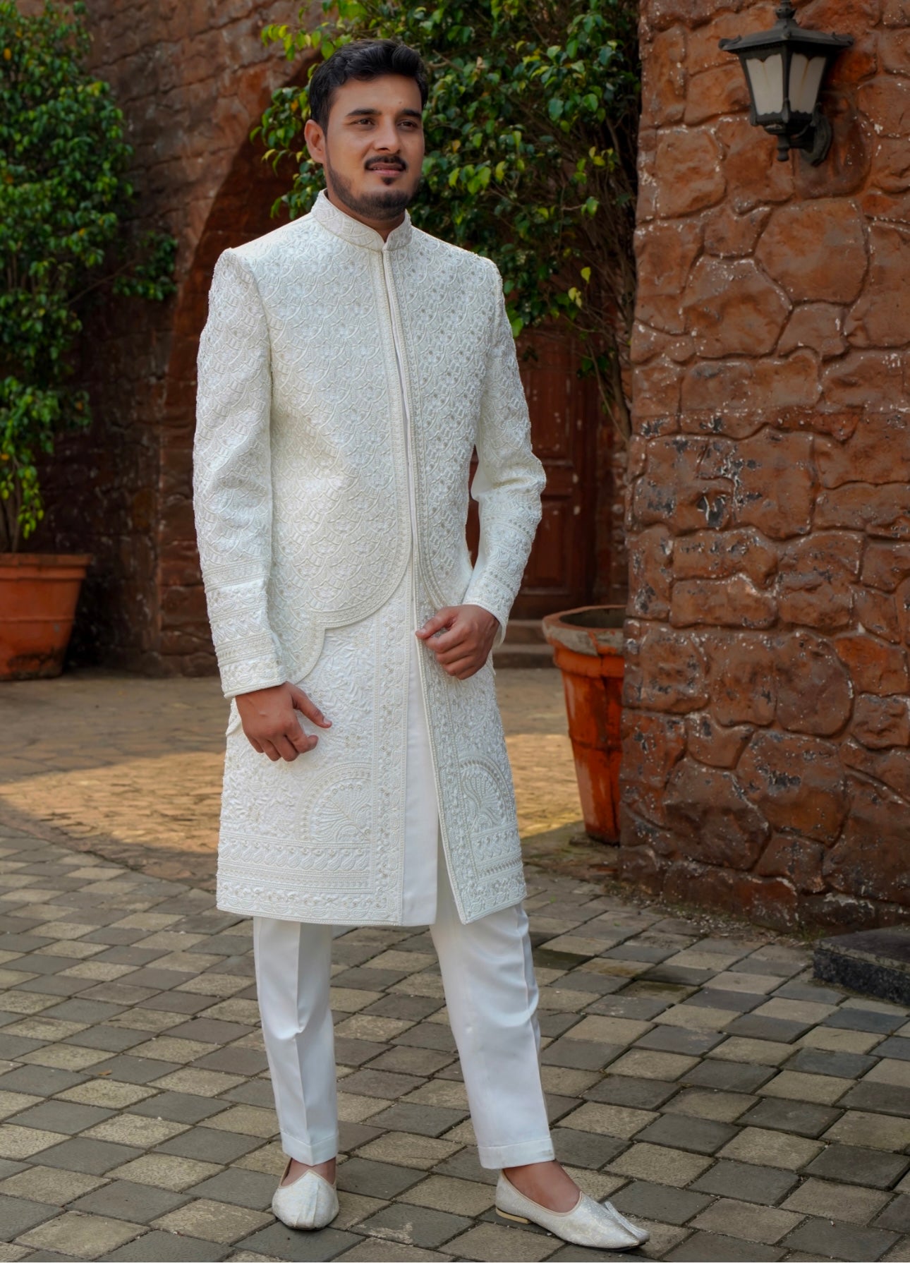 Men's Ivory Stylish Embellished Two-Layer Sherwani Set