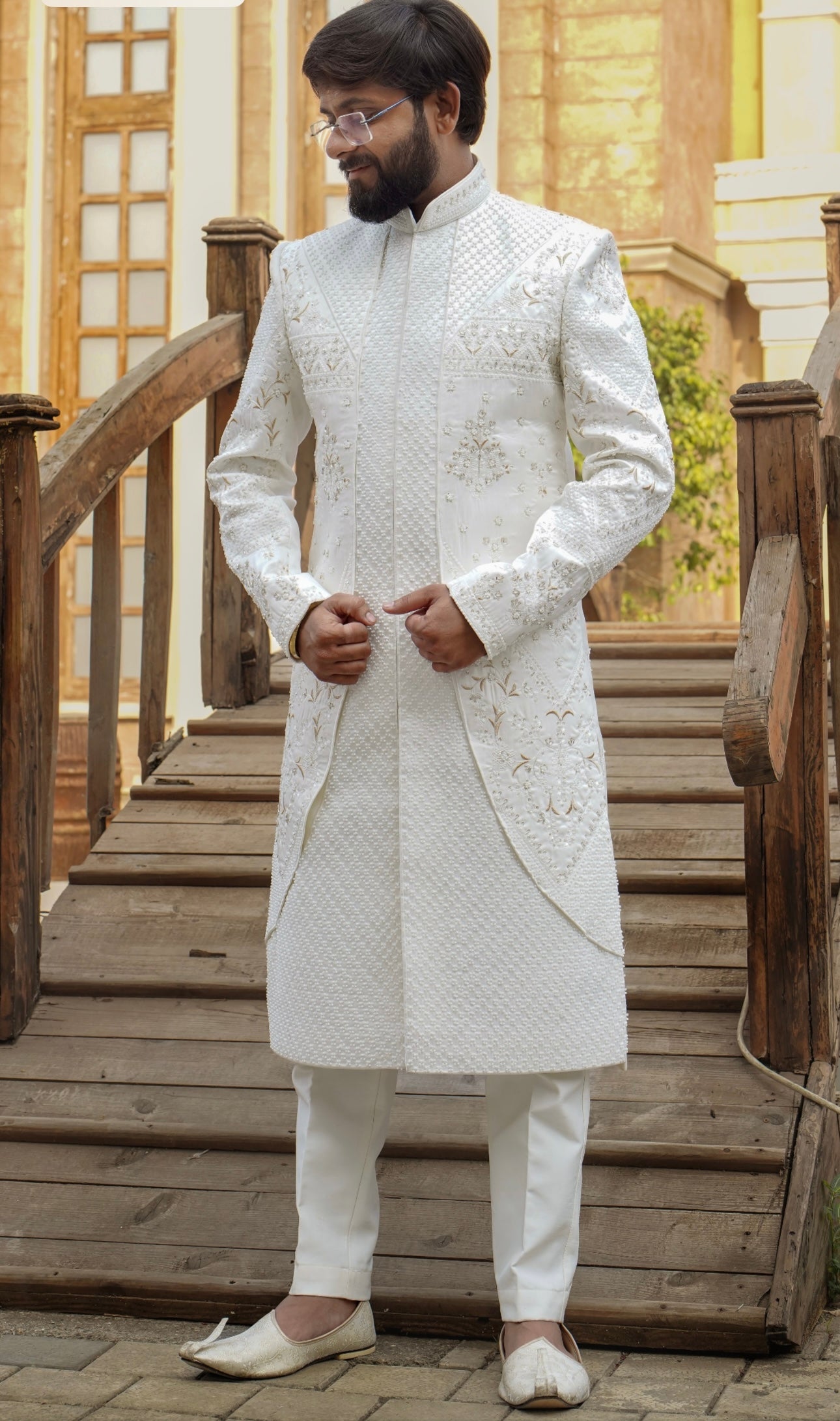 Men's Ivory Stylish Embellished Two Layer Sherwani Set