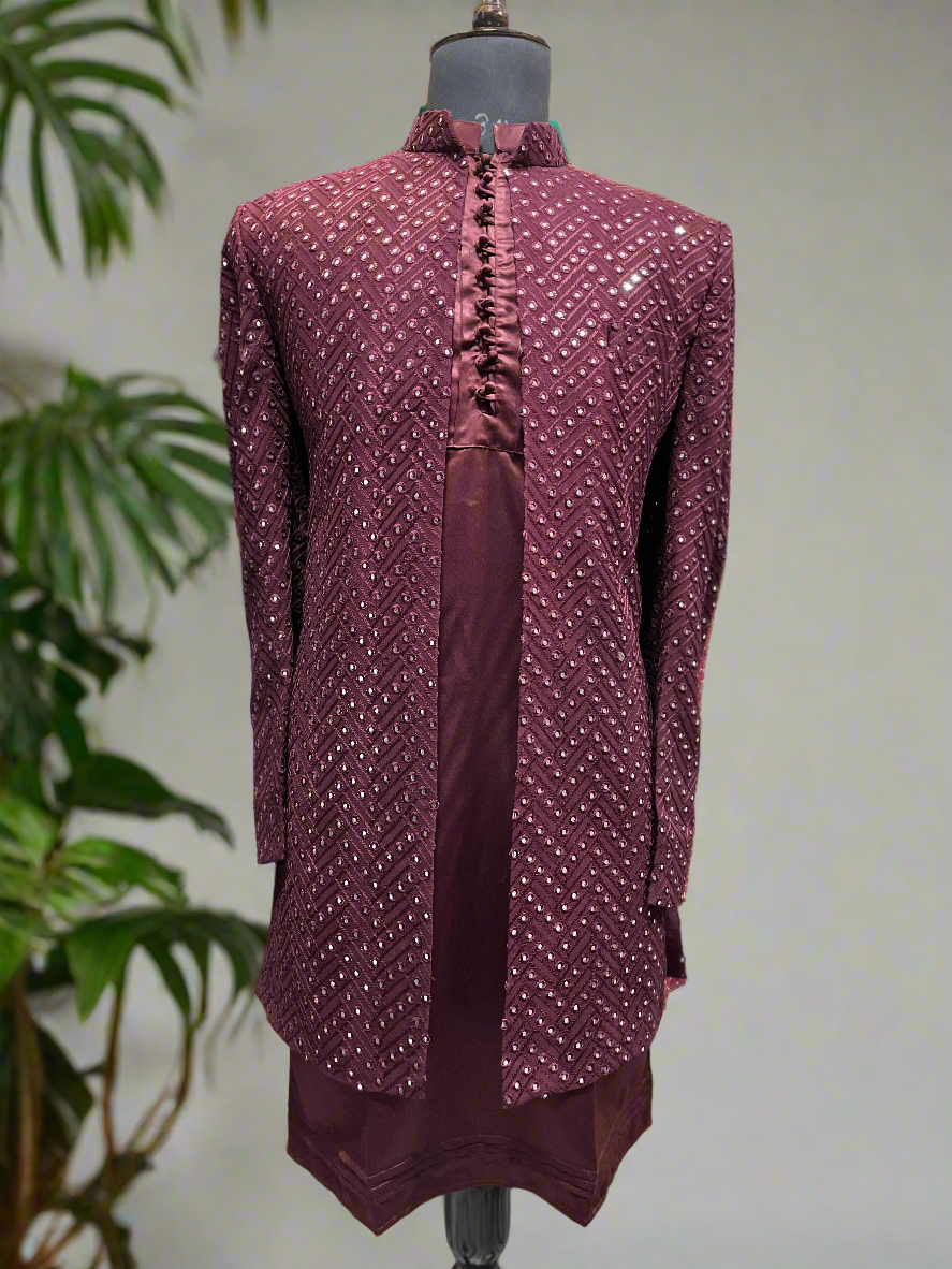 Men's Maroon Zigzag Mirror Pattern Kurta Set – Front View
