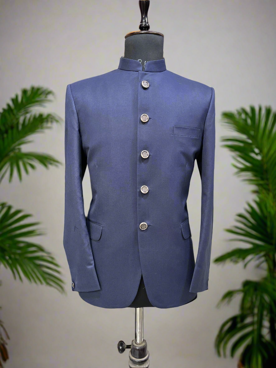 Men's Navy Blue Classic Bandhgala Suit with 5-button design.