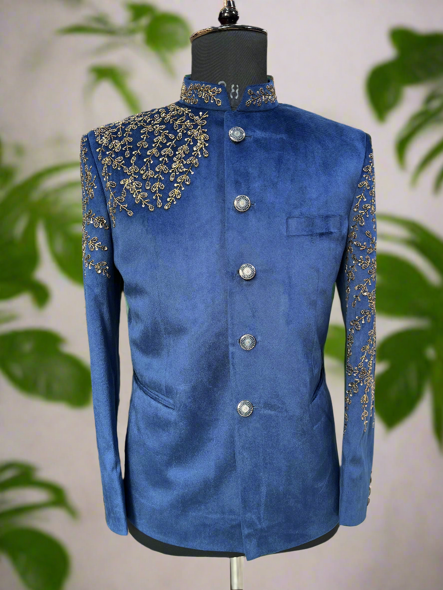 Men's Navy Blue Handcrafted Jodhpuri Set with Golden Work