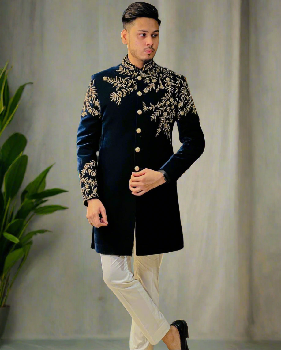 Men's Navy Blue Zardozi Work Indo-Western Set – Full View.
