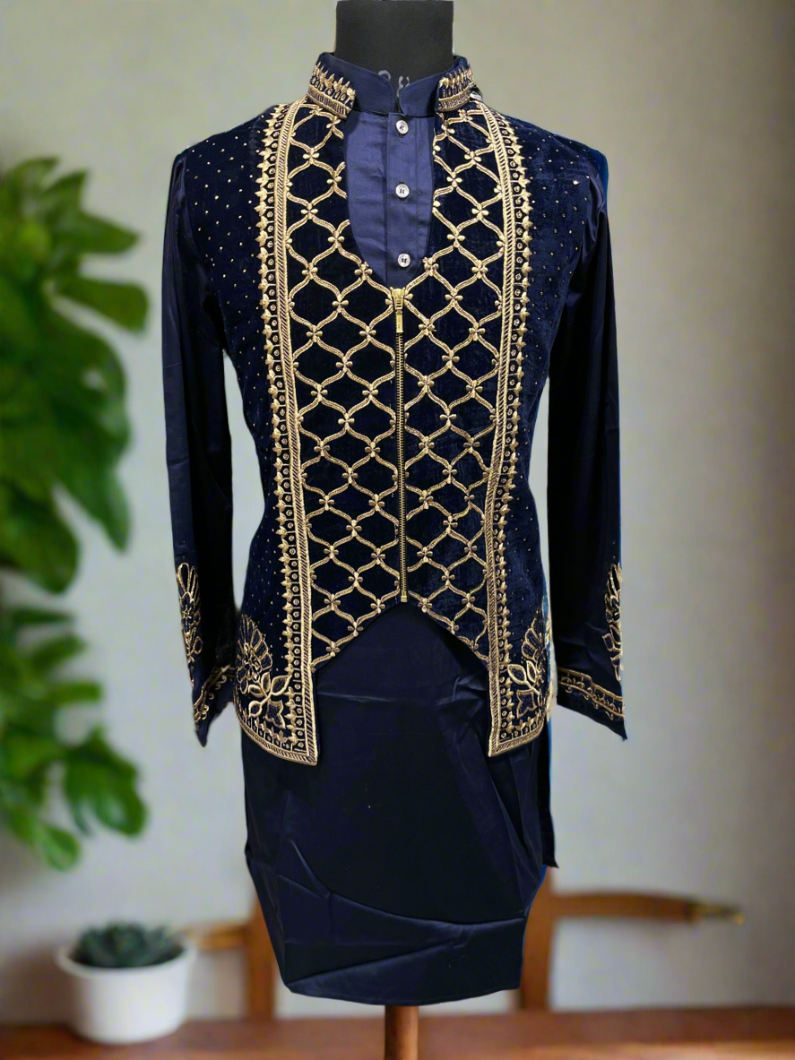 Men’s Navy Blue handcrafted Zardozi Nehru jacket with center zip