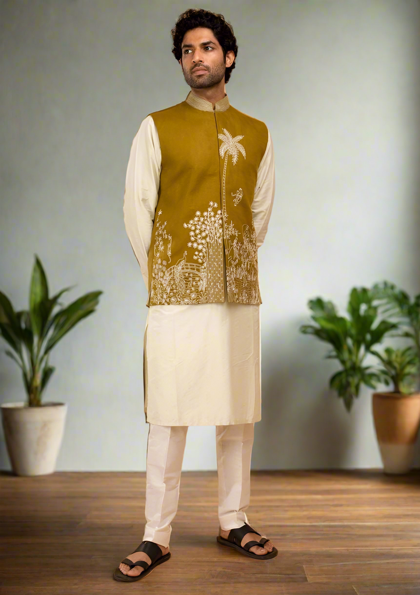 Men’s Nehru jacket set with thread embroidery details