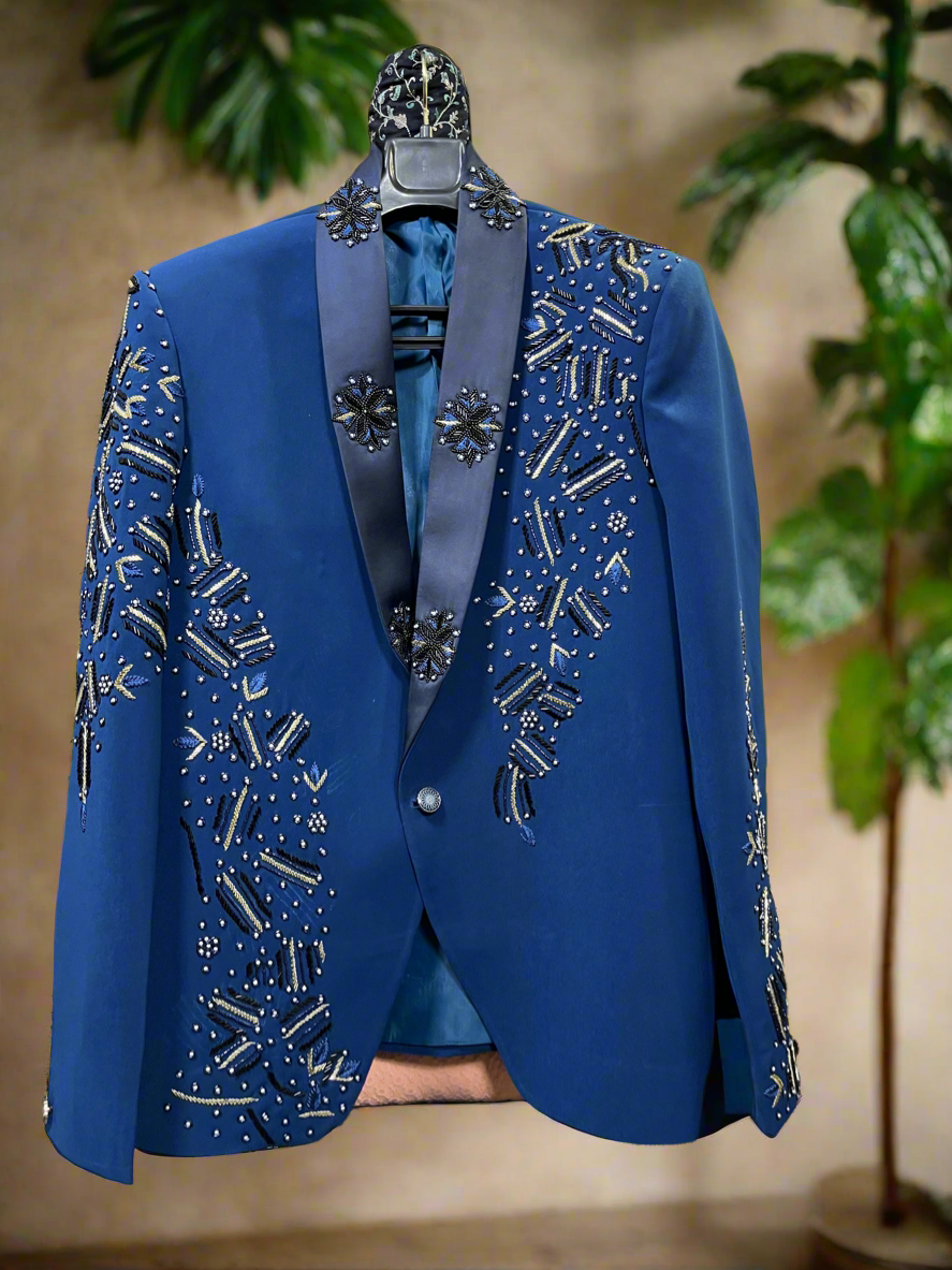 Men's Royal Blue Handcrafted Cut Work Tuxedo Suit - KPH Outfits