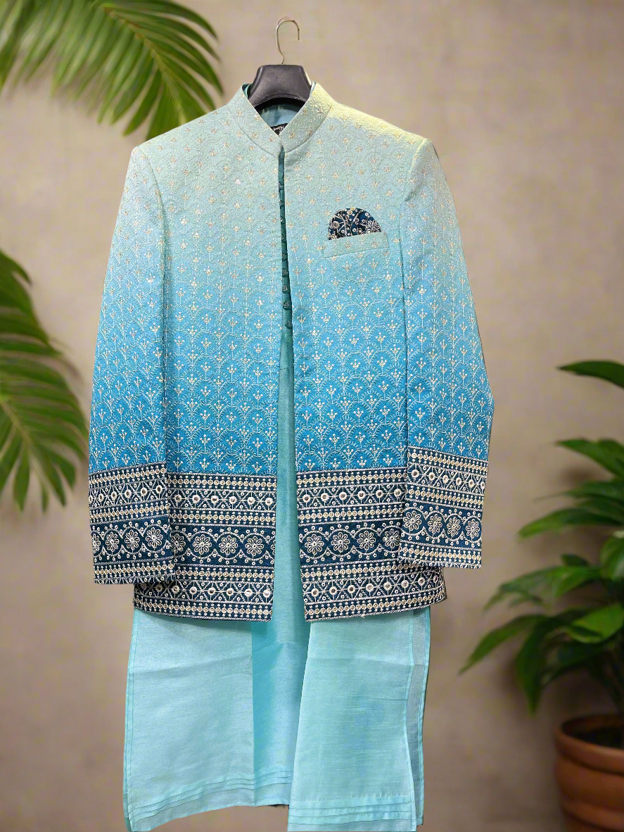 Men's Sky Blue Double Shades Open Shrug Set Front View.
