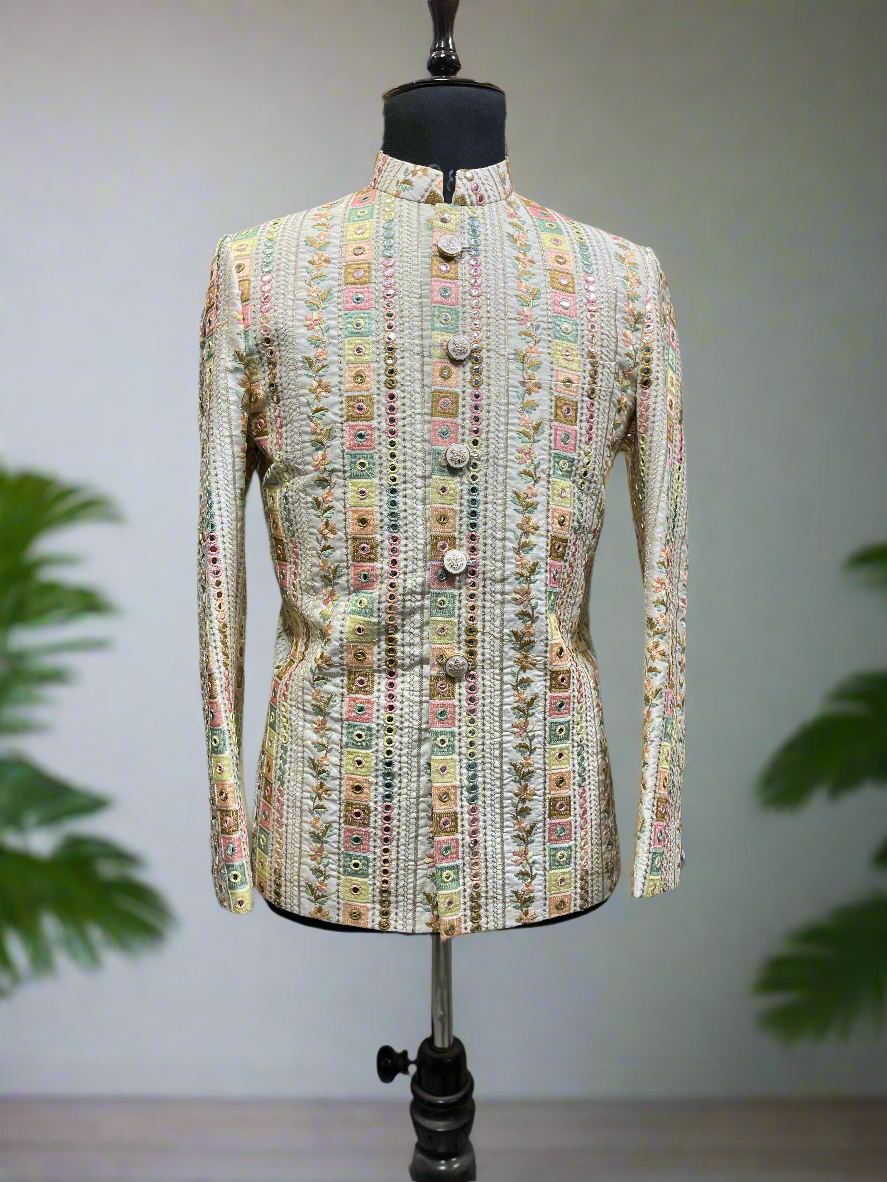 Men's White Multi-Color Thread Embroidery Jodhpuri Set - Front view.
