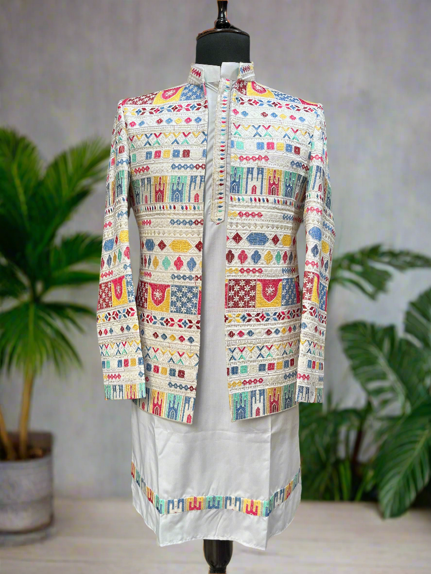 Men's White Silk Jodhpuri Set with Multi-Colour Embroidery.