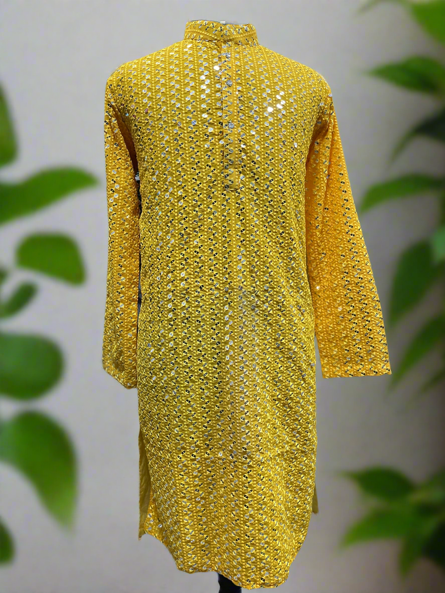 Men's Yellow Exclusive Mirror Embellished Kurta Set - Full front view.
