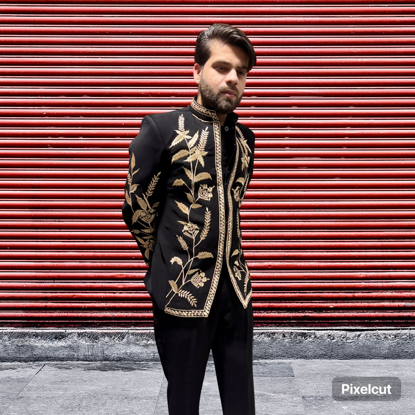 Men's black Bandhgala suit with golden embroidery