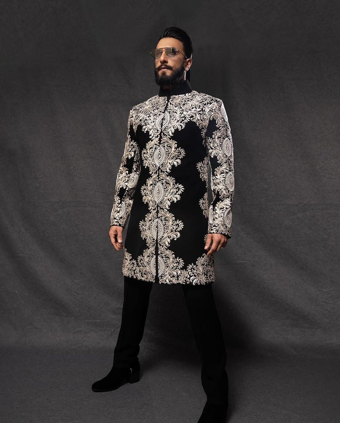 "Men’s black Ranveer Singh style sherwani set by KPH Outfits"
