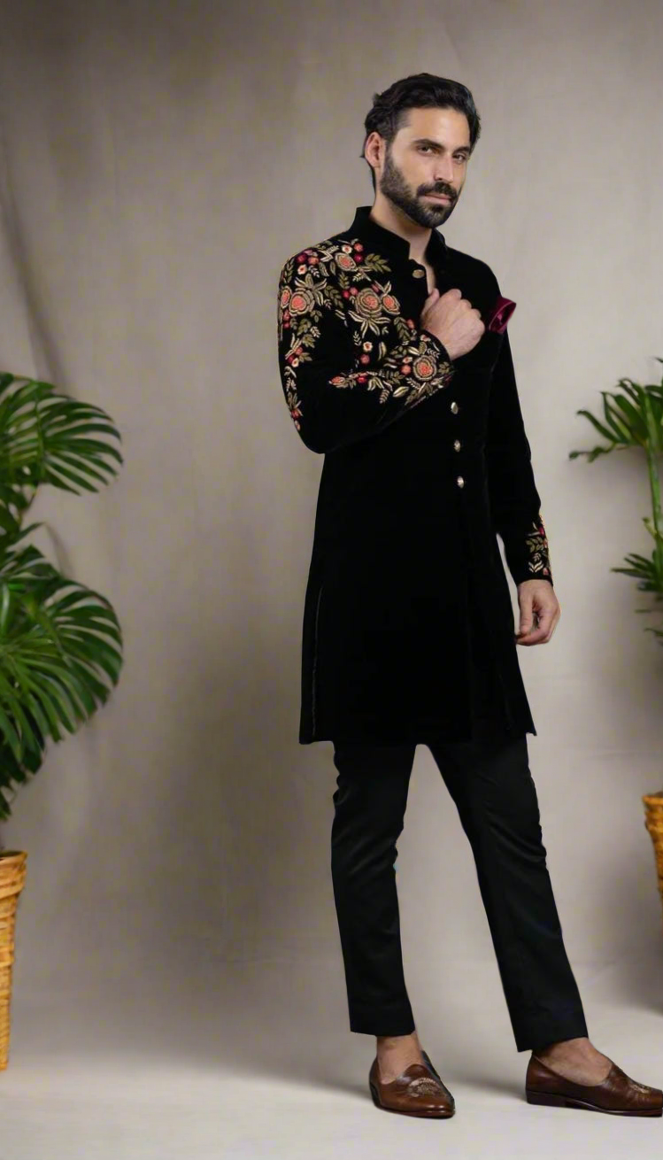 Men's black ethnic wear for weddings and festivals.