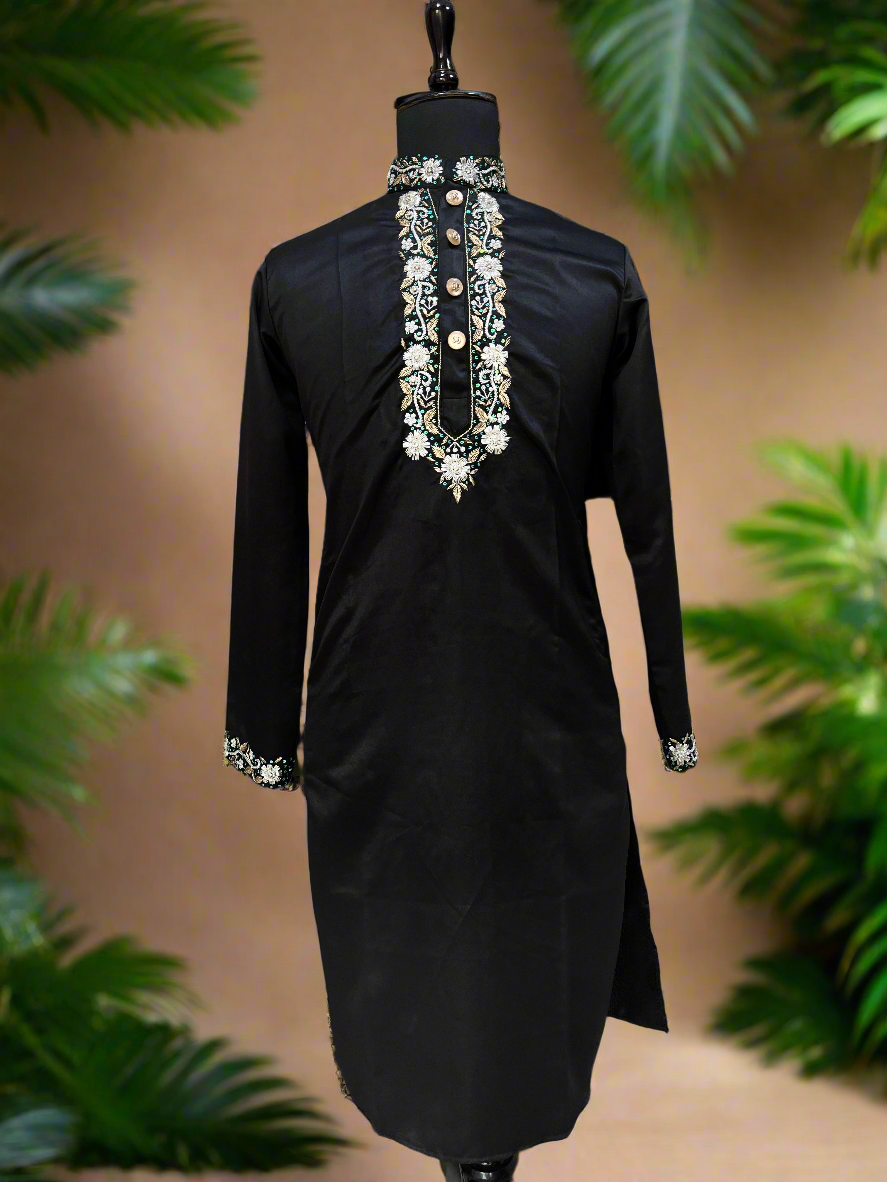 Men's black handcrafted Zardozi embroidered kurta in satin.