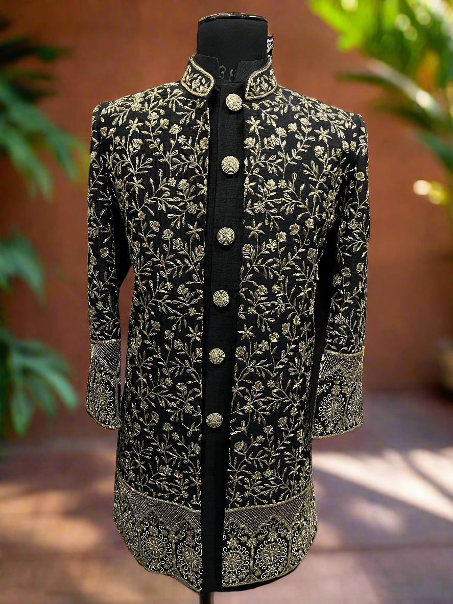"Men’s black handcrafted Zardozi work silk Indo Western set by KPH Outfits"
