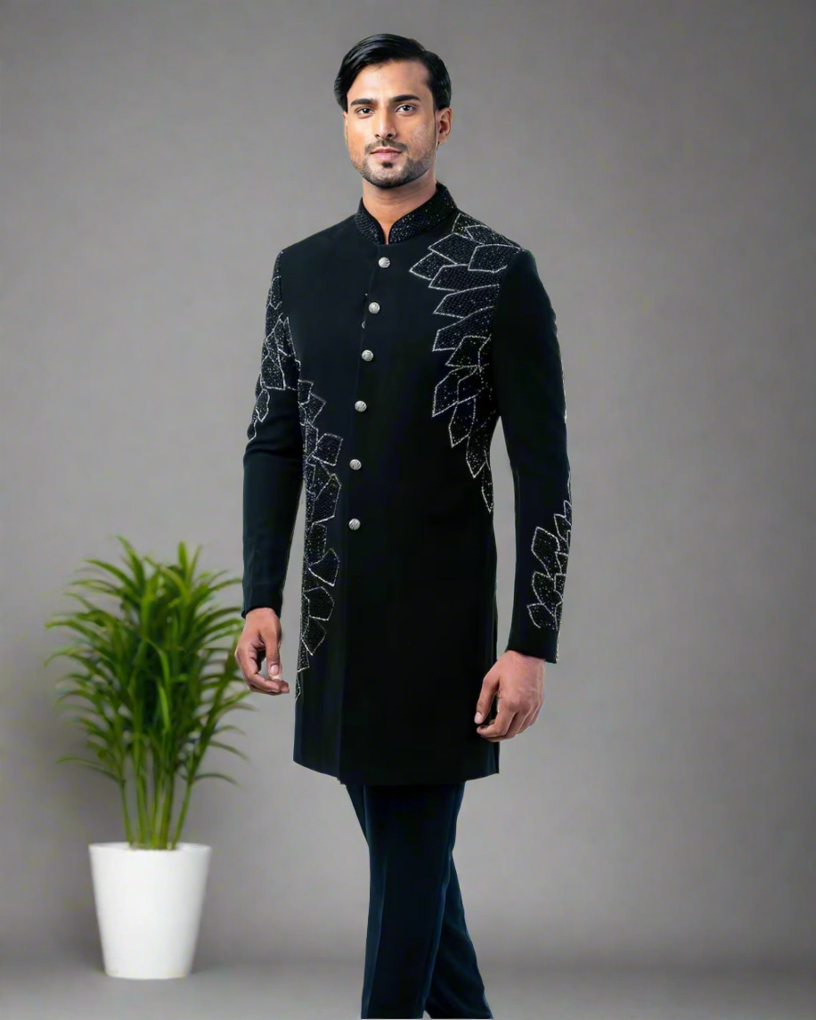 Men's black handcrafted cut dana work Indo-Western set front view
