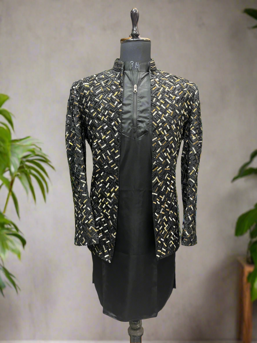 Men's black handcrafted embellished open shrug