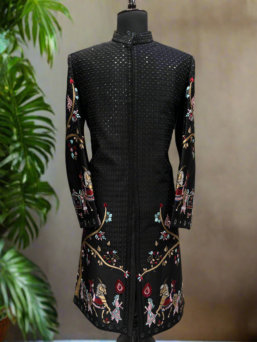 Men's black multi-color thread embroidered silk sherwani