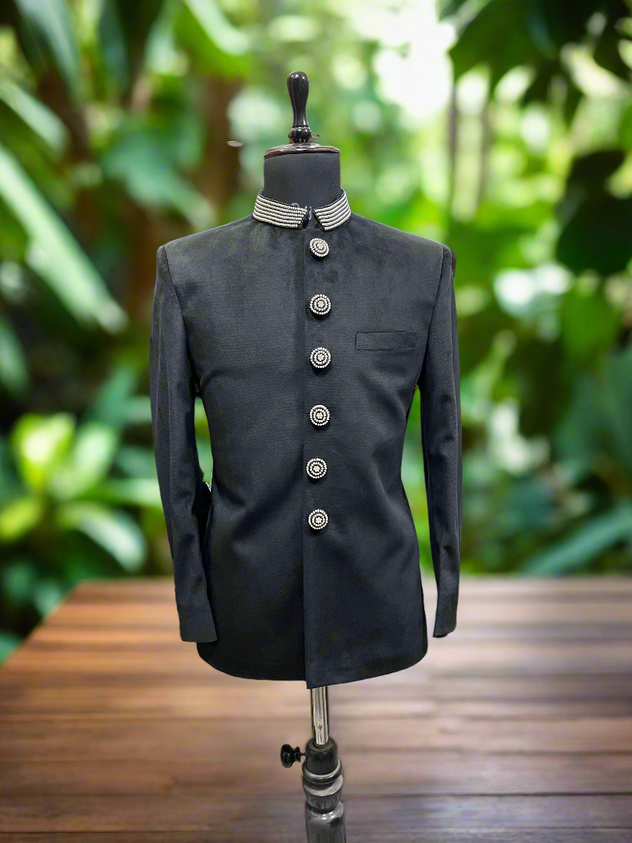 Men's black velvet Bandhgala suit with handcrafted beads work
