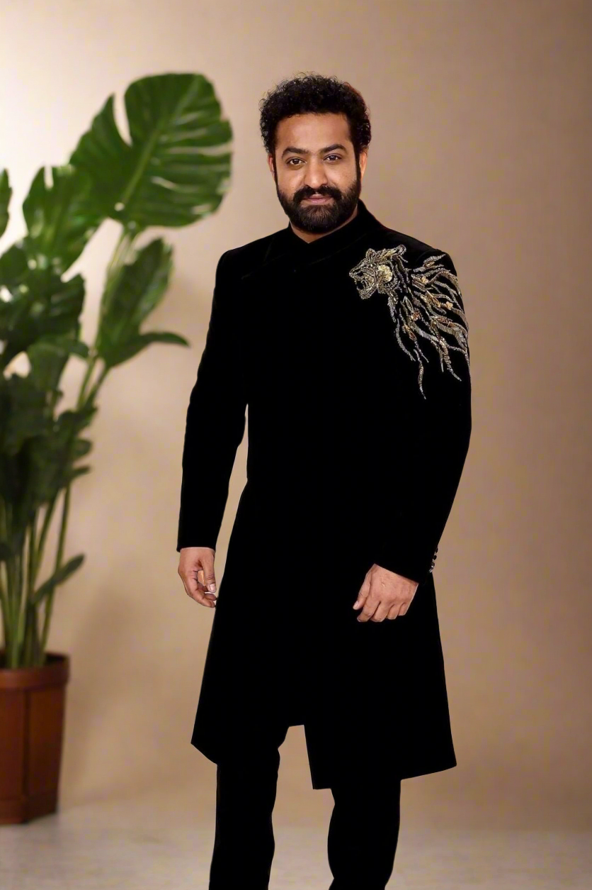 Men's black velvet Indo-Western with Zardozi embroidery.
