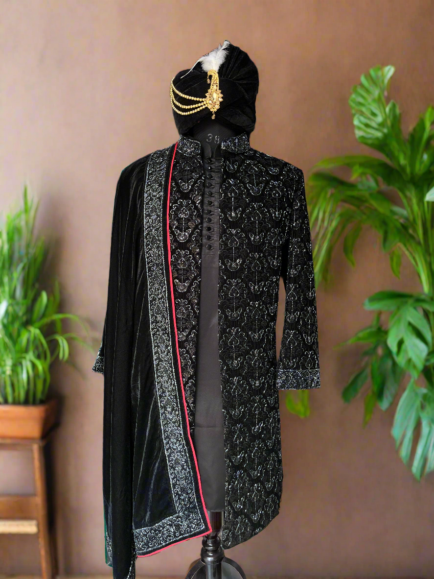Men's black velvet handcrafted designer sherwani set