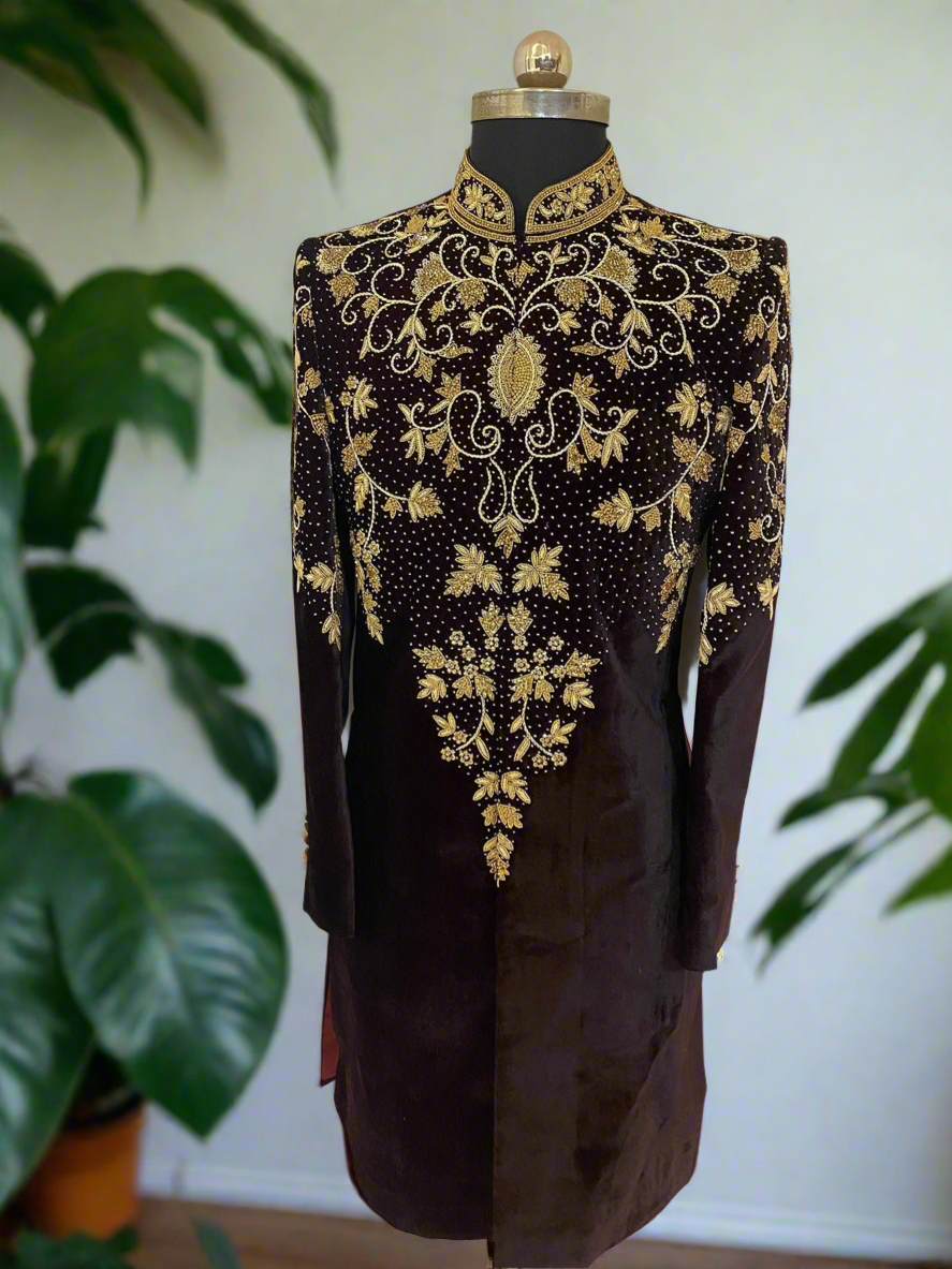 Men's black velvet handcrafted golden threadwork sherwani set
