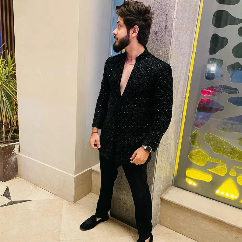 Wedding outfit: Black velvet Jodhpuri set for men with self-embroidery