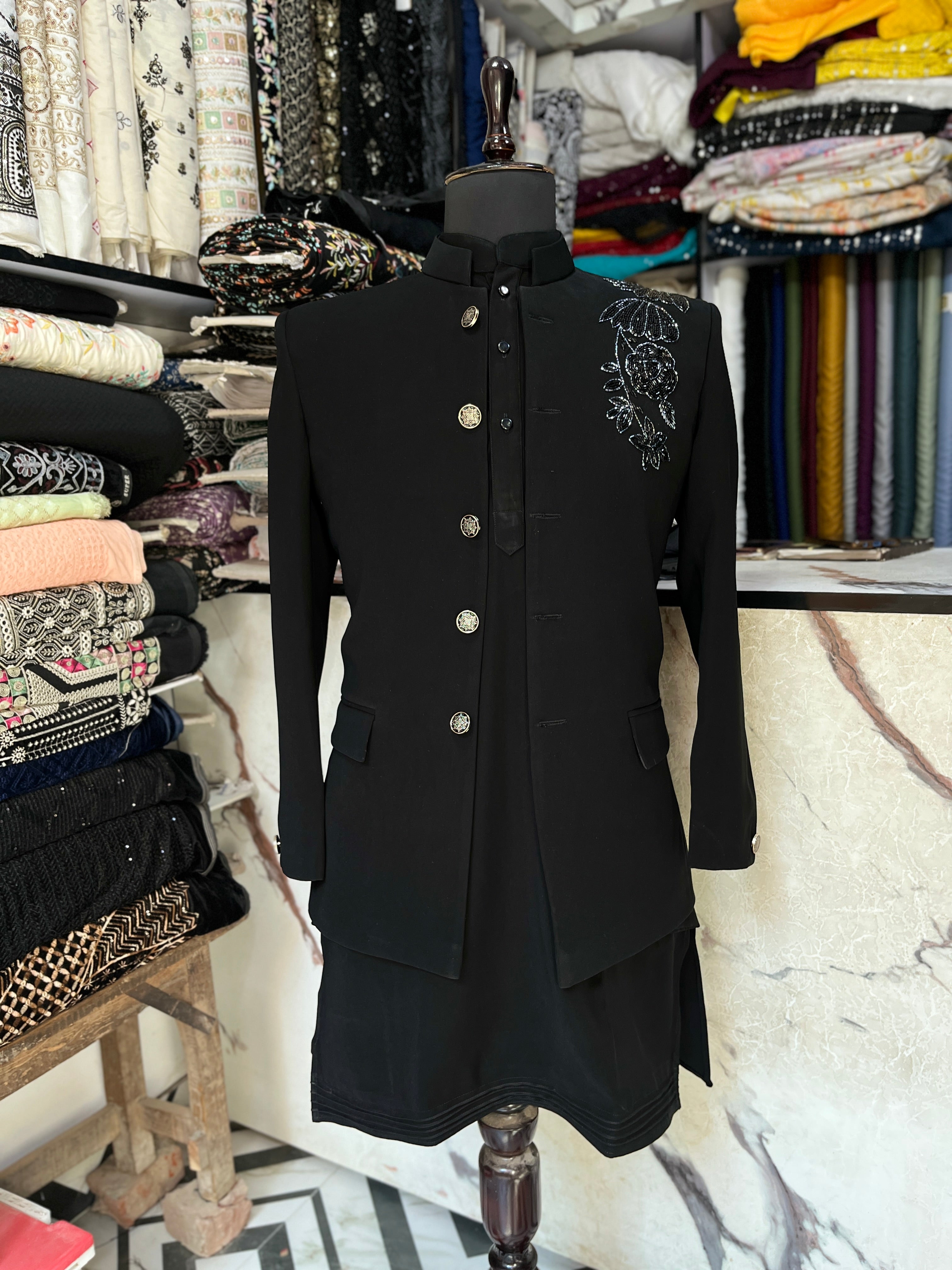 Men's designer black Jodhpuri jacket and matching pants.