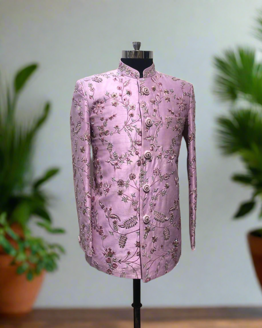 Men's exclusive handcrafted pink Bandhgala suit