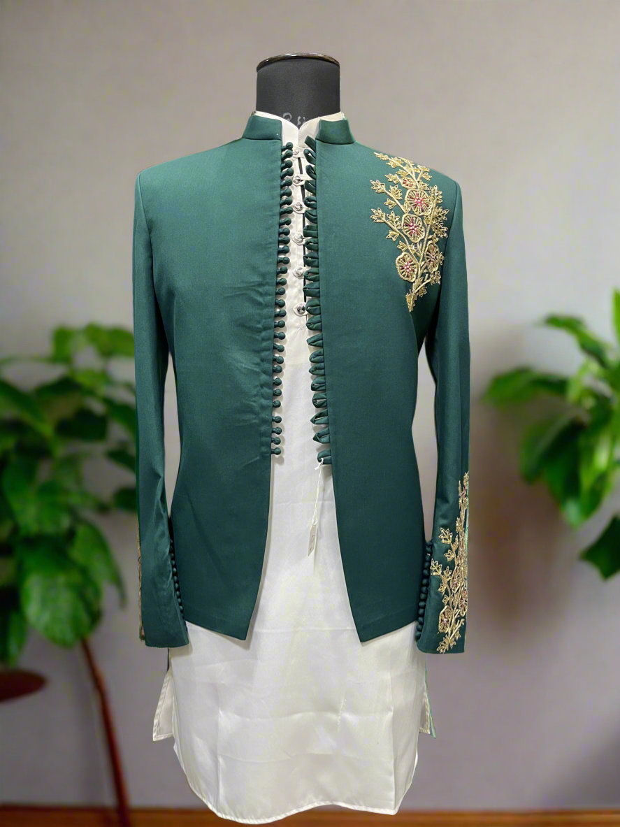 Men's exclusive mehndi green handcrafted Jodhpuri set