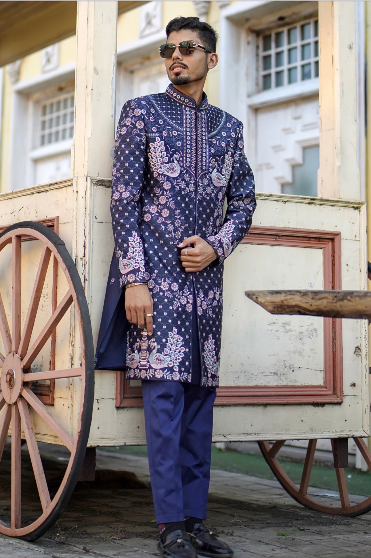 Men's exclusive navy blue embellished stylish sherwani set